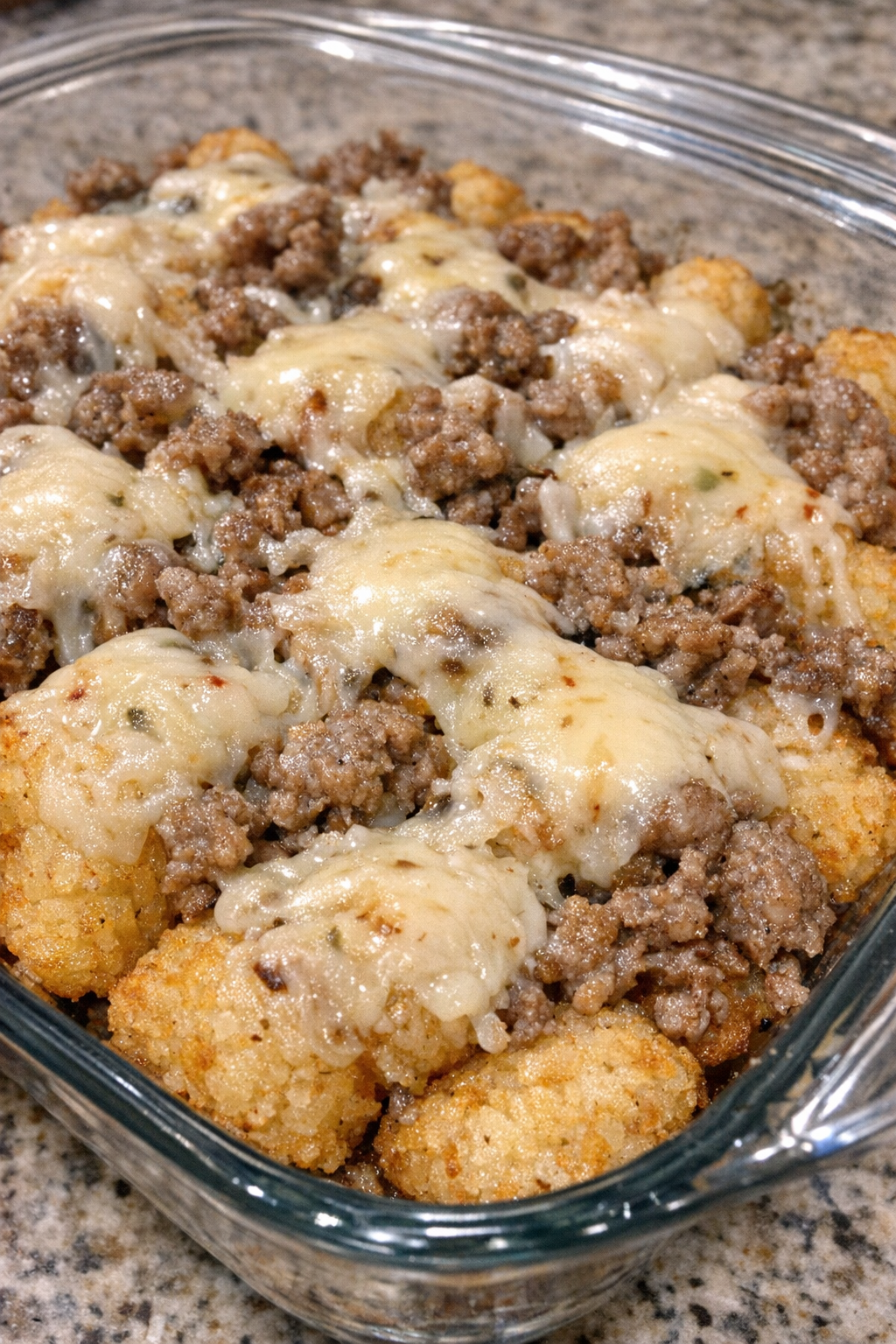 Close-up of crispy beef tater tot bites with melted cheese