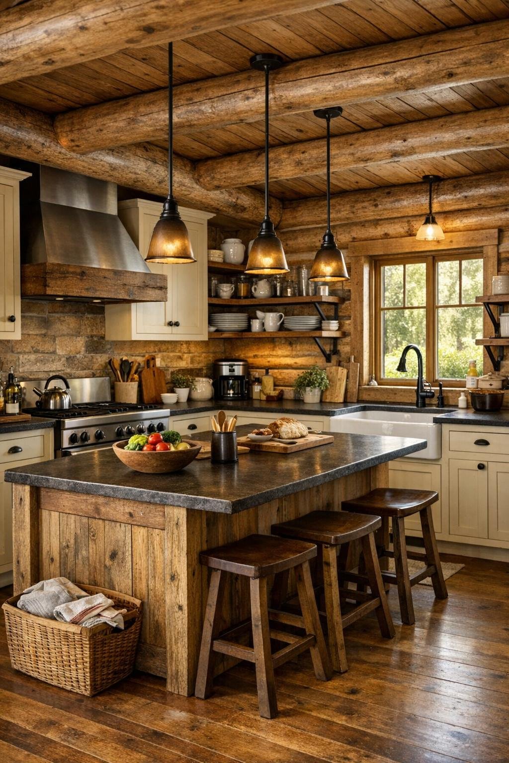 Rustic kitchen with cream cabinets, dark counters, and a large island