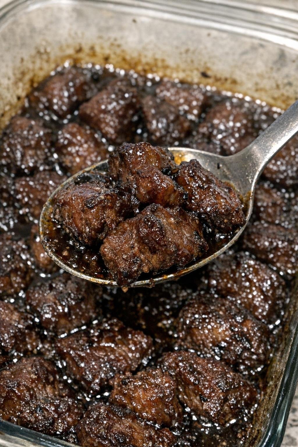 Savory beef bites with dark caramelized glaze in a glass baking dish
