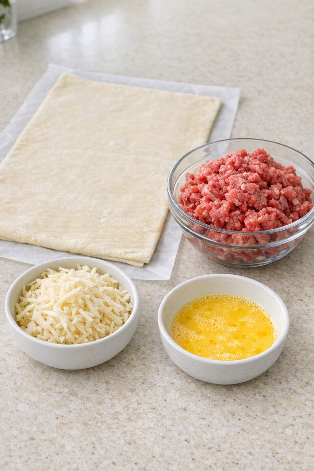 Measured ingredients for beef puff pastry twists
