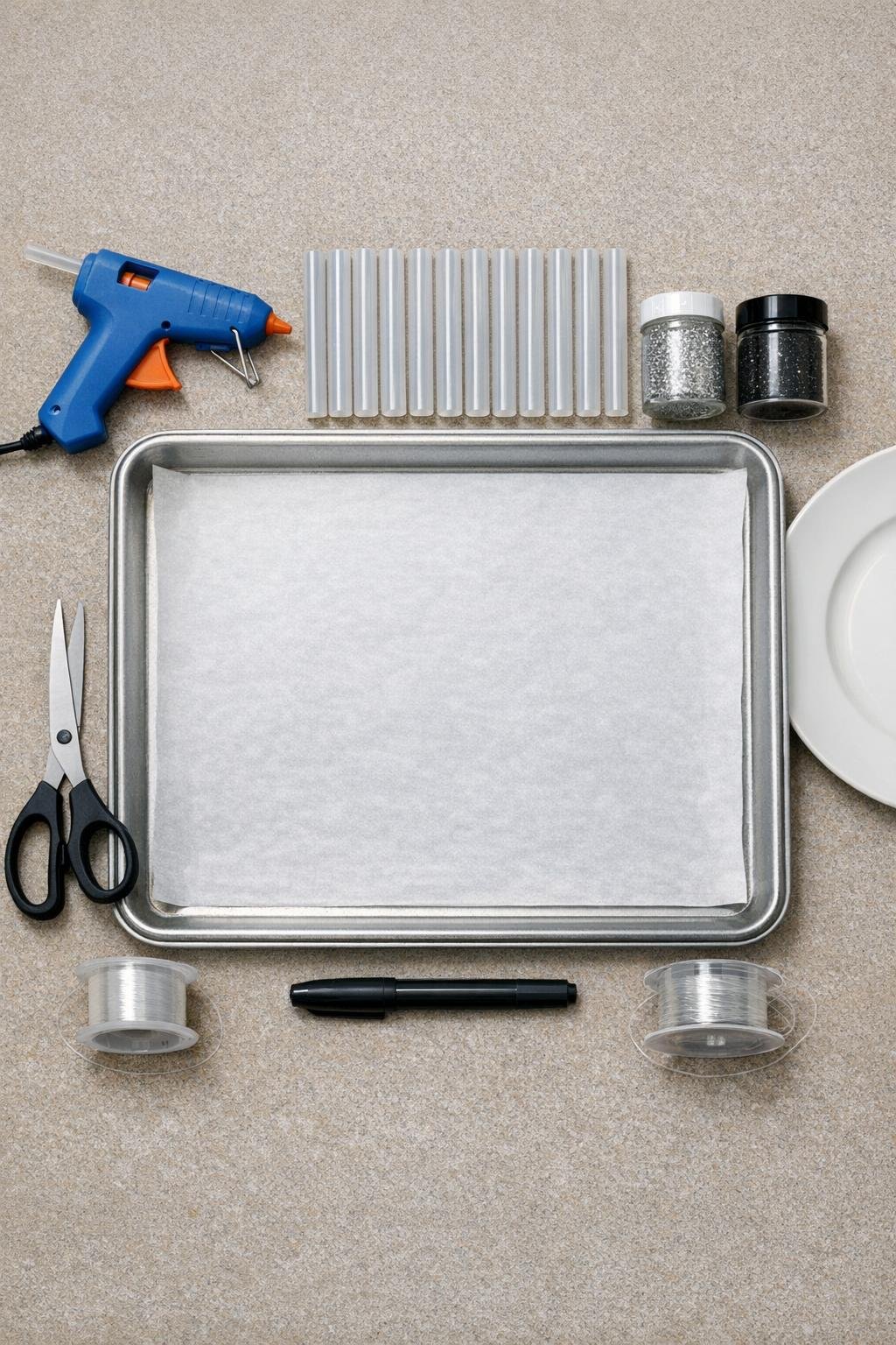 Materials for making glitter hot glue spiderwebs laid out on a craft table