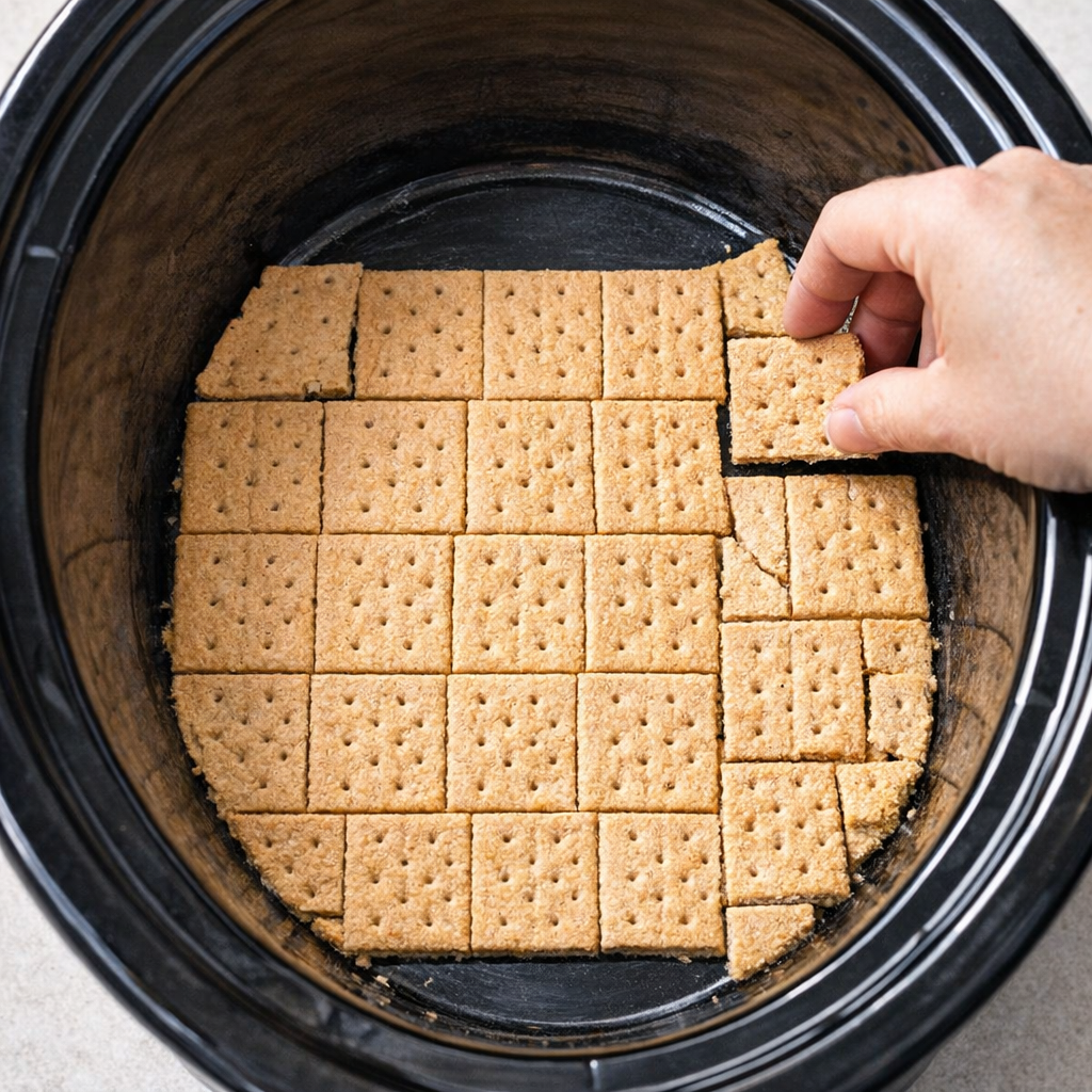 Graham cracker squares arranged in a slow cooker