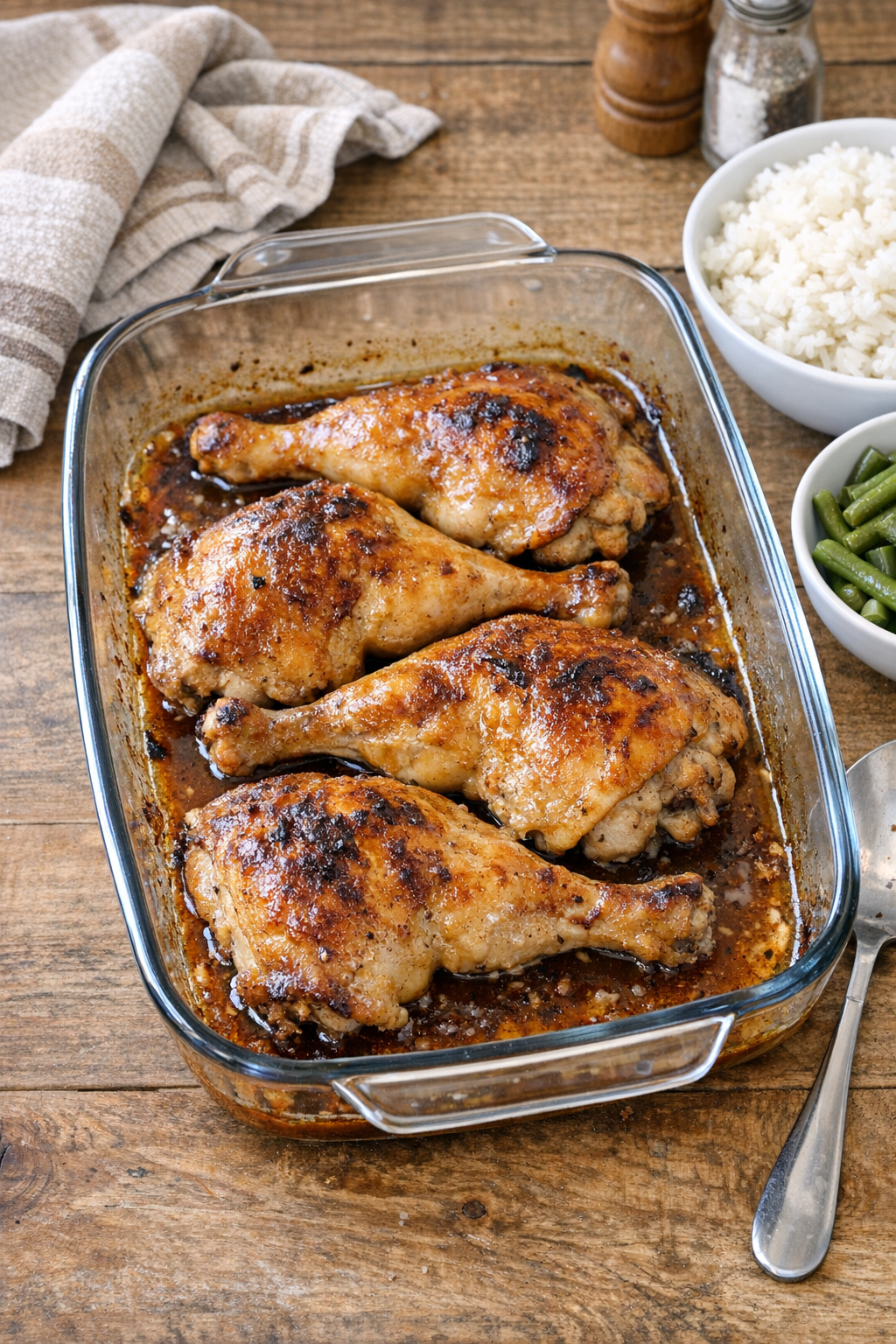 Finished baked chicken leg quarters in a glass casserole dish