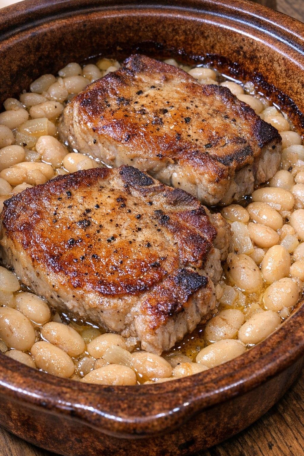 Golden browned pork chops baked over great northern beans in a vintage casserole dish