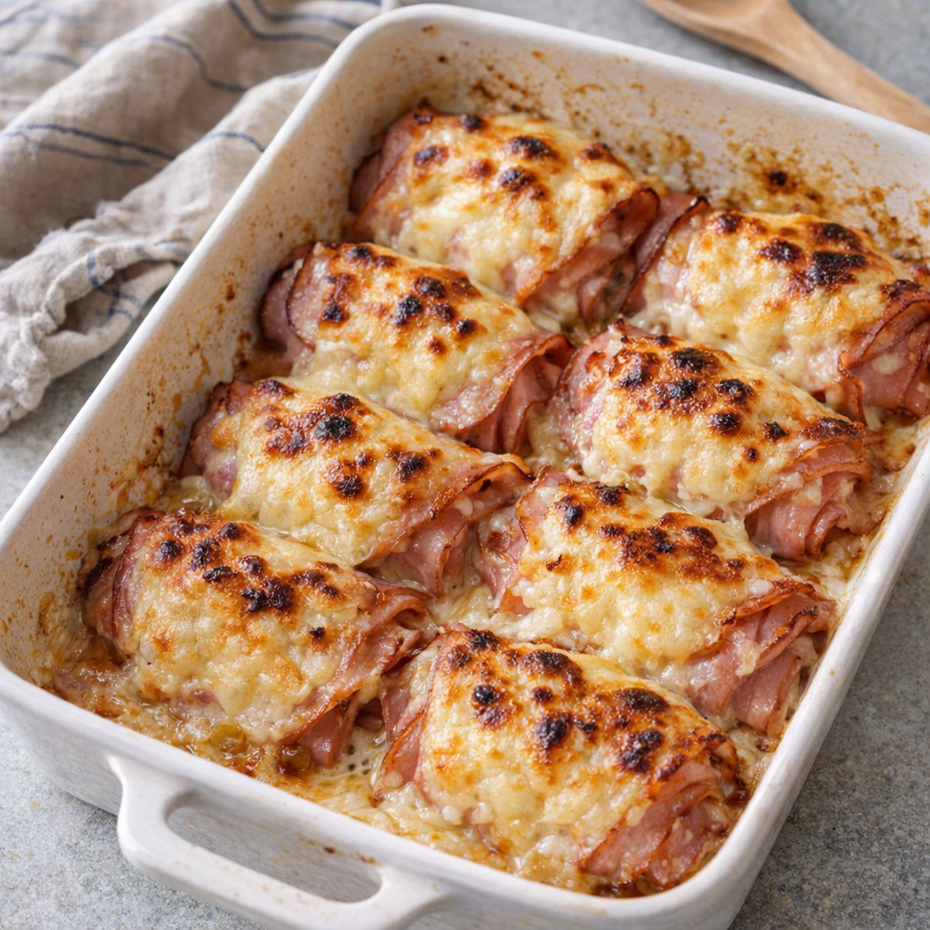 Freshly baked ham and cheese casserole in a ceramic dish on a kitchen counter