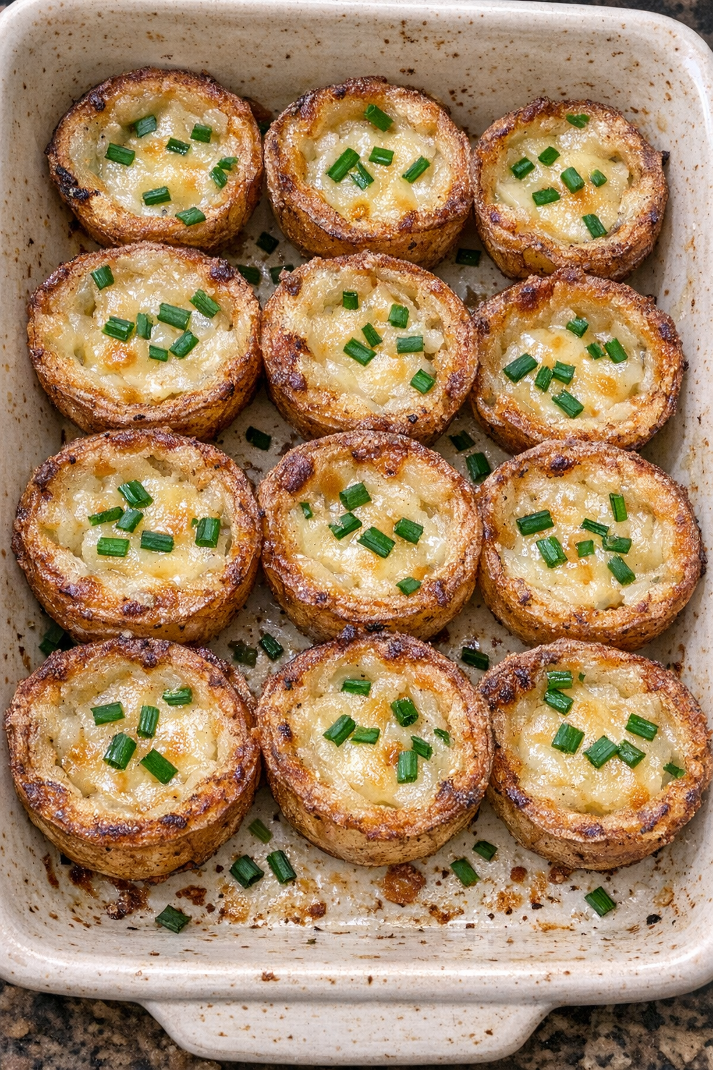 Crispy potato cups filled with melted smoked gouda and chives