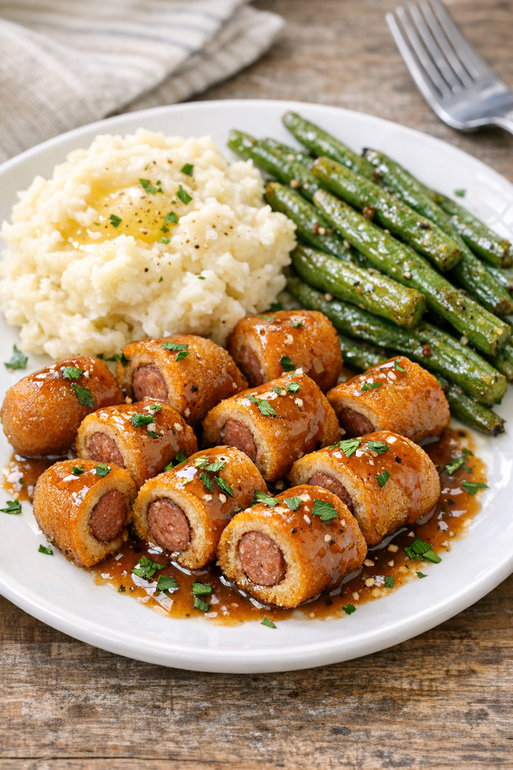 Finished slow cooker beef corn dogs plated with sauce