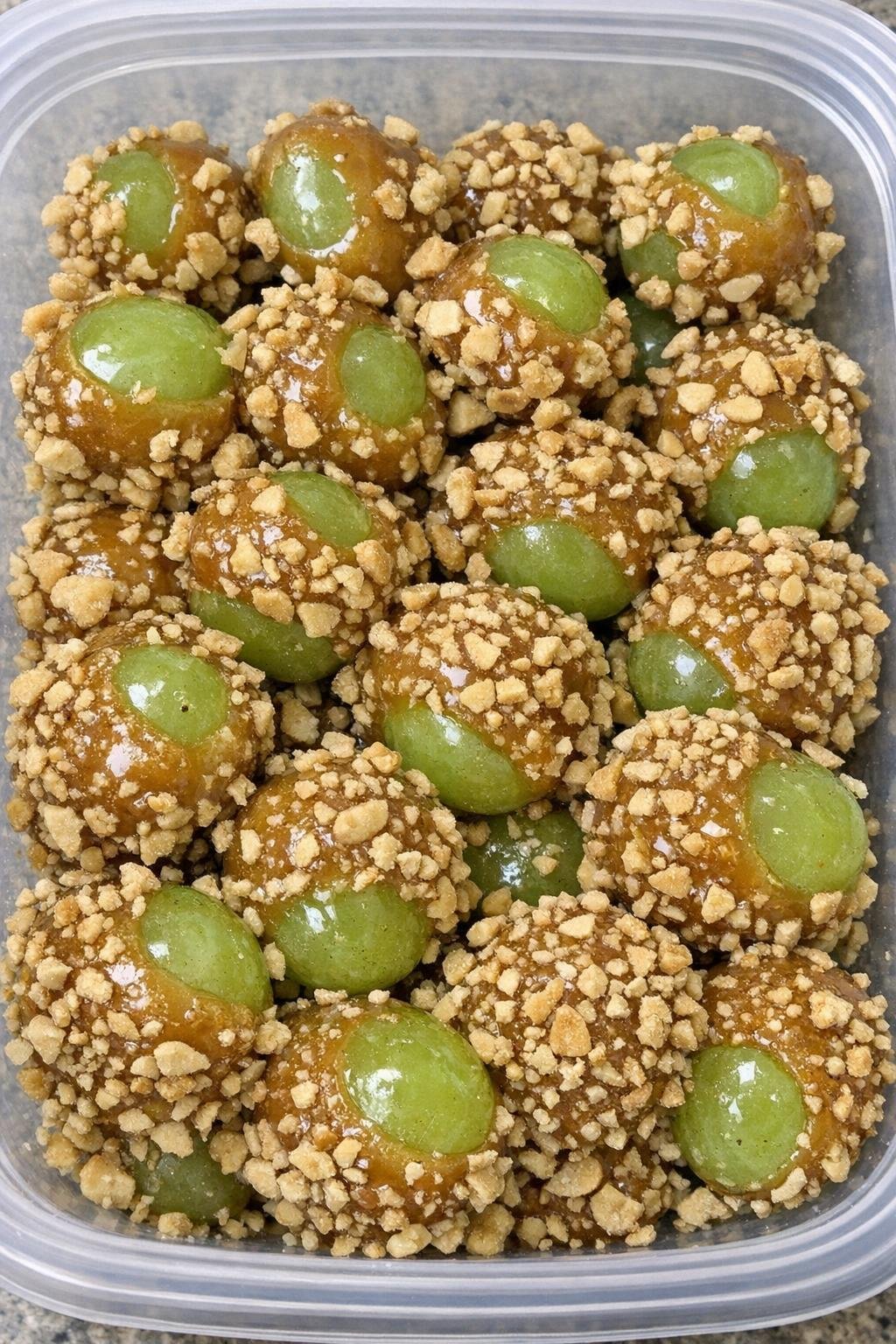 Caramel apple grapes in a clear container