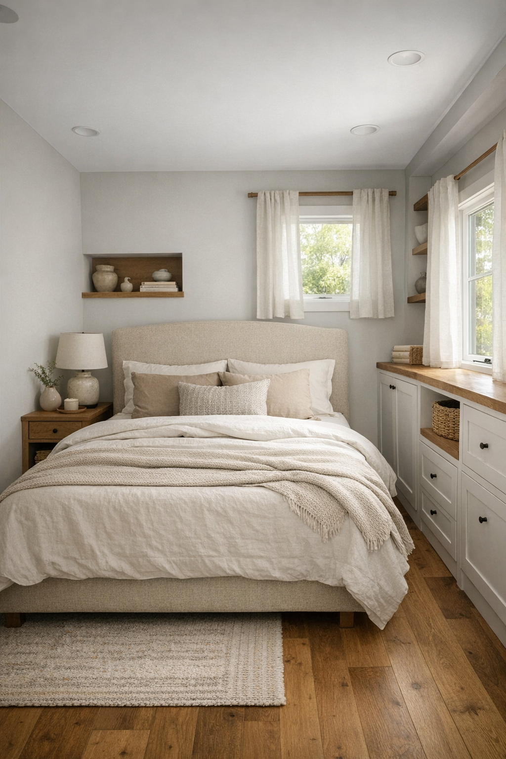 Serene tiny home bedroom with whisper gray walls, layered neutral bedding, and built-in storage