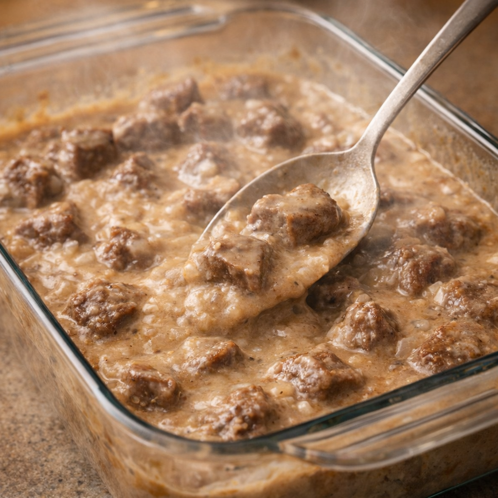 Freshly baked creamy mushroom beef being stirred in casserole dish