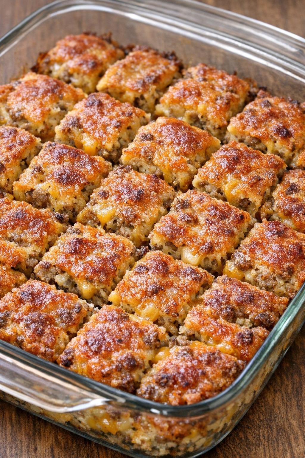 Southern 4-ingredient spicy sausage squares baked until golden in a glass casserole dish