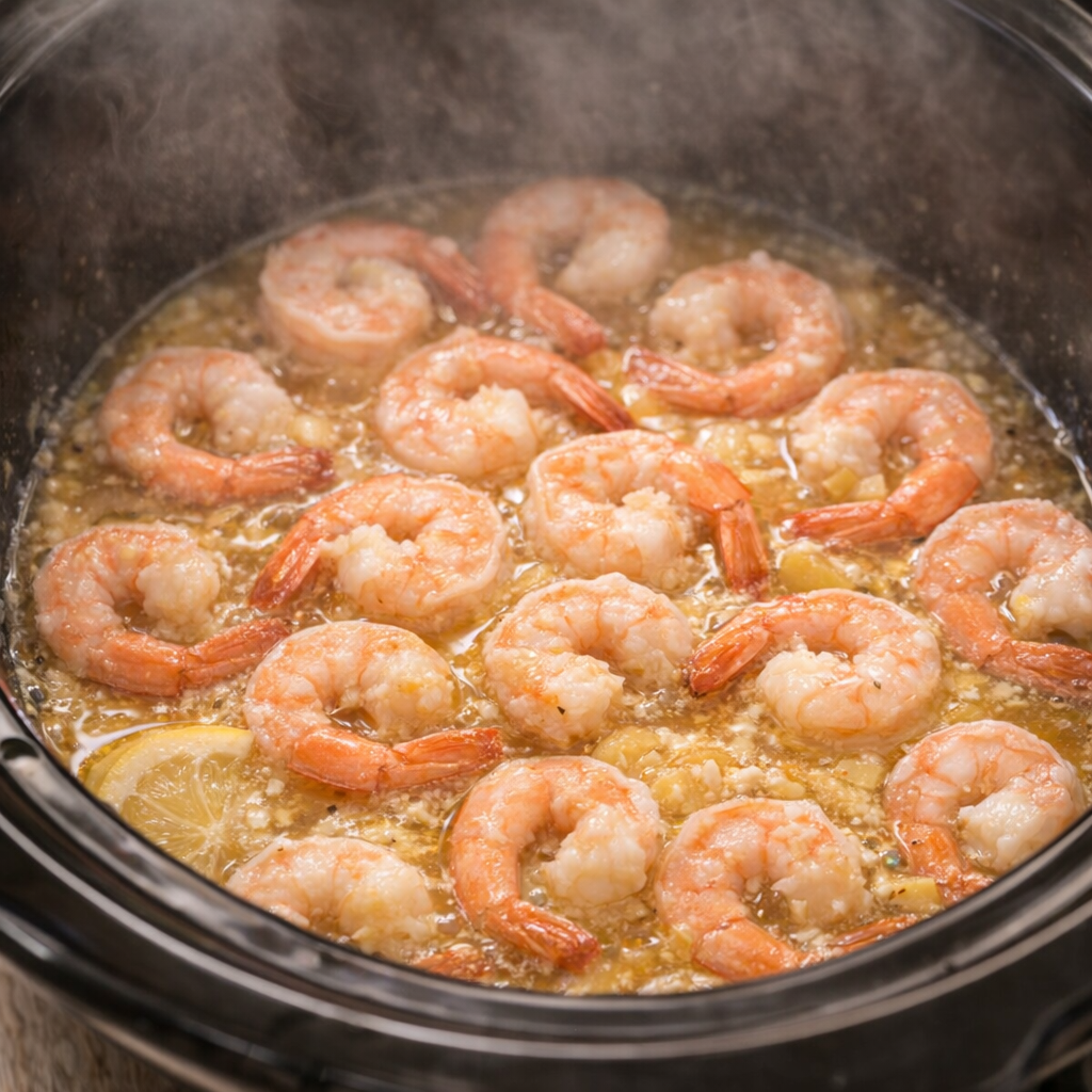 Shrimp cooking in lemon butter sauce inside the slow cooker