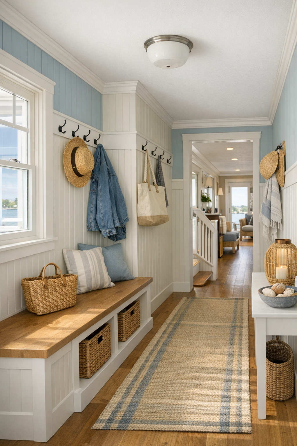 Built-in entry nook and hallway with cottage storage, beadboard, and woven baskets