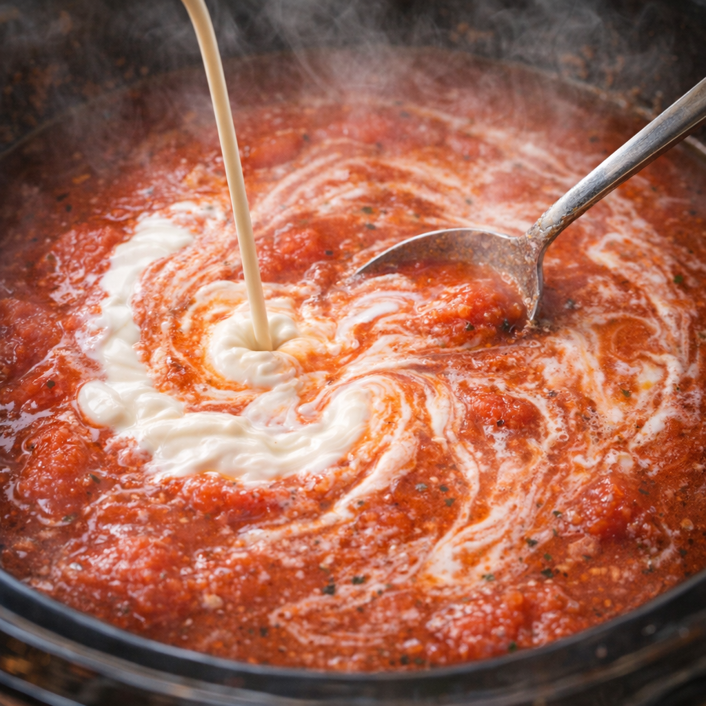 Cream being swirled into tomato soup