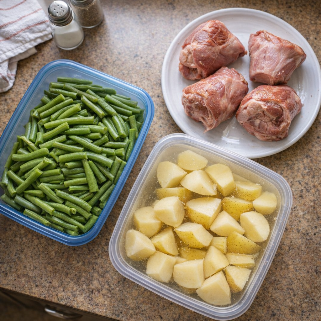 Meal prep containers with trimmed green beans and cut potatoes