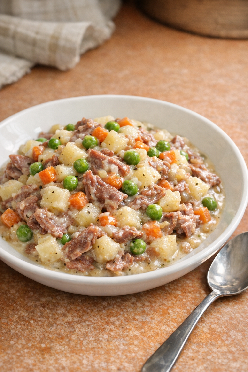 Finished plated chipped beef hash with peas, carrots, and potatoes