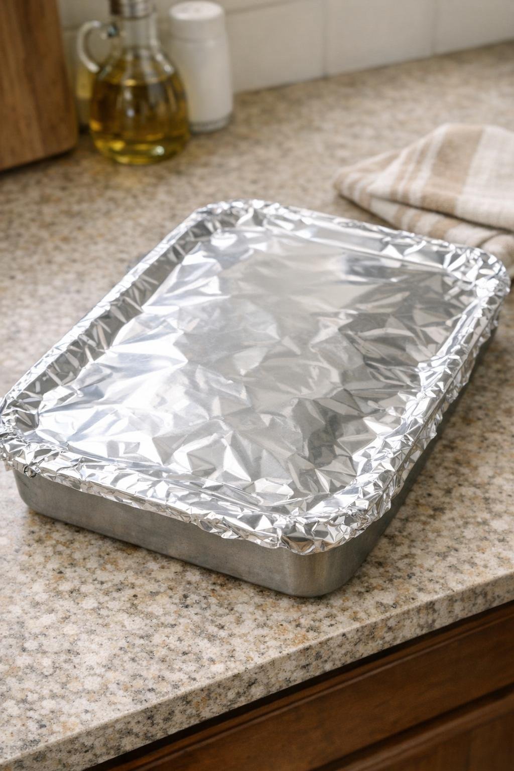Prepared covered pan ready for oven or refrigerator