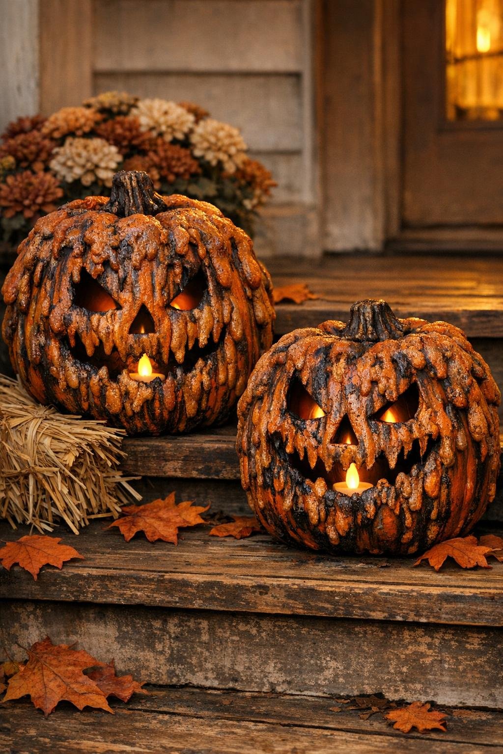 Finished rotting jack-o-lantern props glowing on a decorated porch