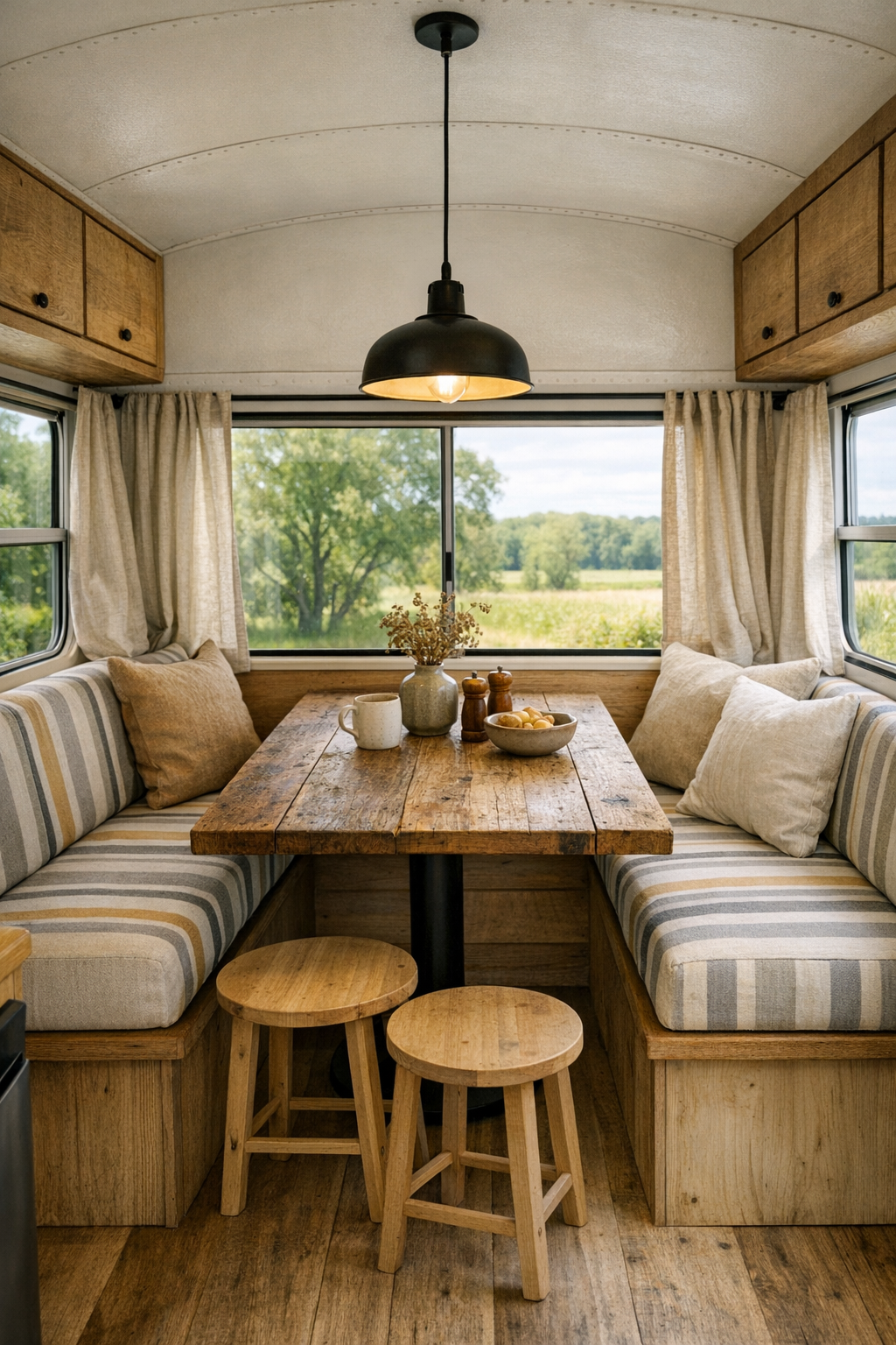 Compact dining nook in a converted bus with banquette seating and reclaimed wood table