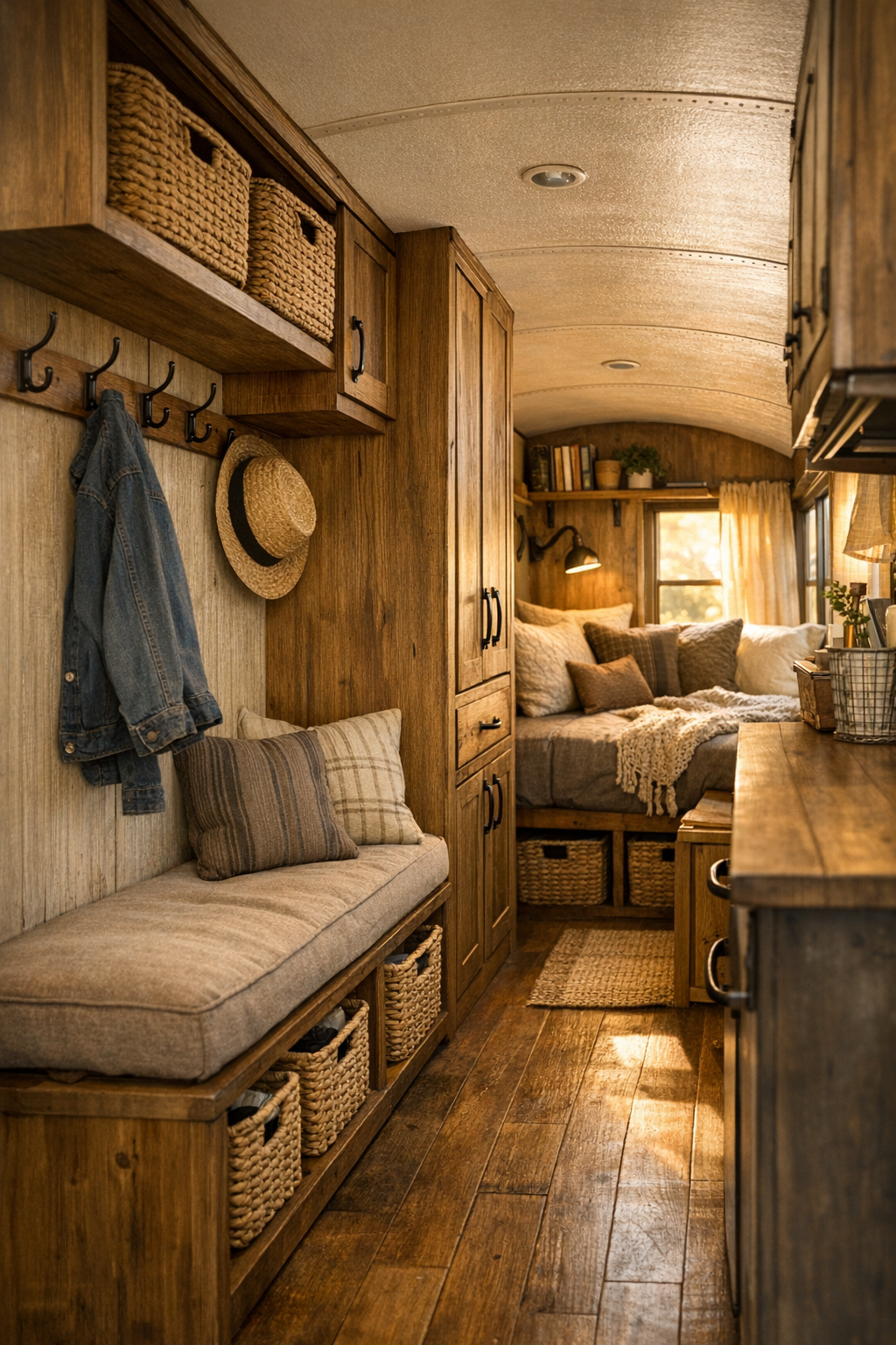 Thoughtful converted bus hallway and multipurpose nook with built-in storage