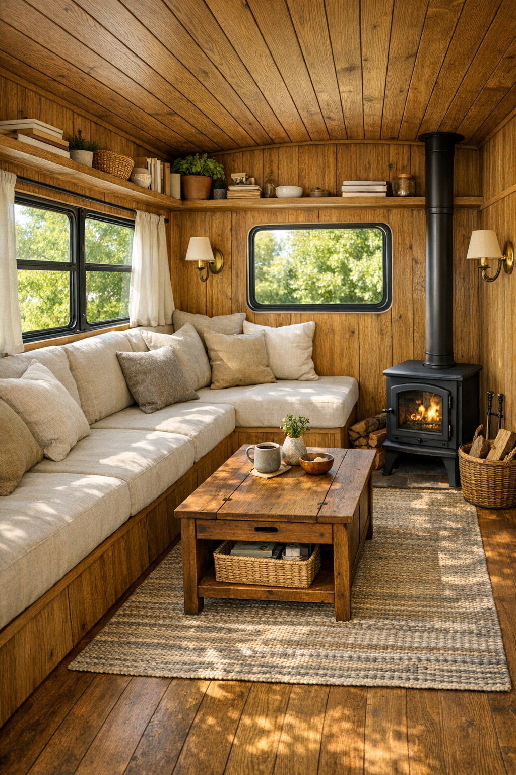 Warm converted bus living room with built-in bench seating and wood stove