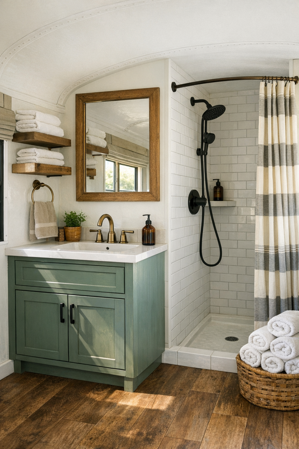 Compact rustic bus bathroom with painted vanity and simple white tile shower