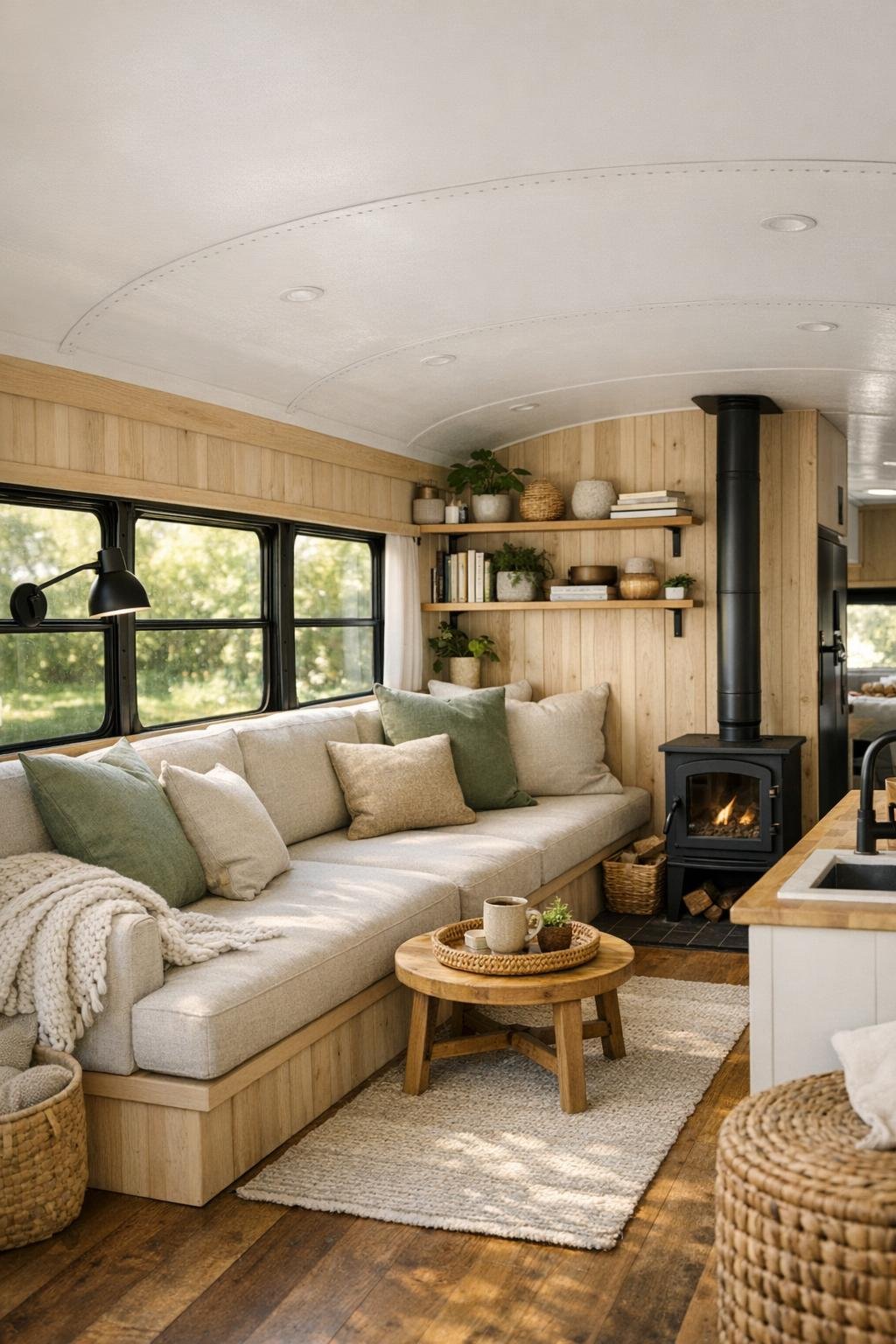 Cozy converted bus living room with built-in bench seating and pale wood finishes