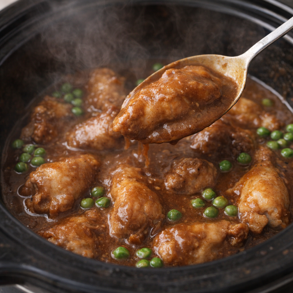 Thickened brown gravy in a spoon with peas added to the slow cooker