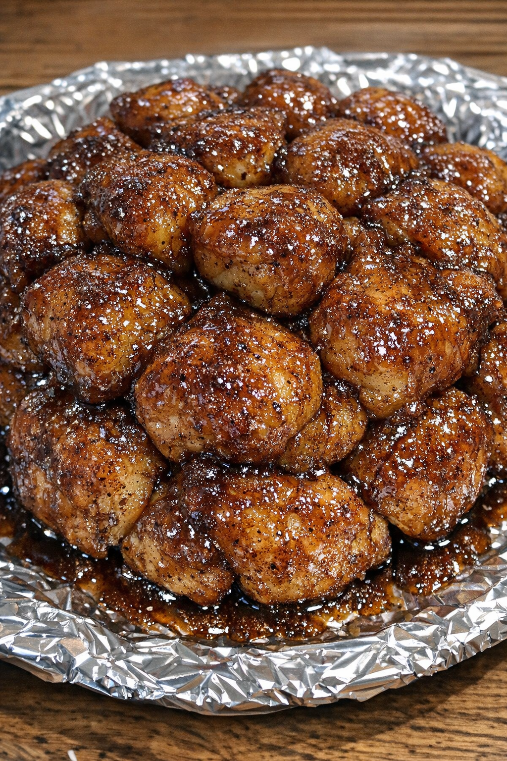 Close-up of sticky 4-ingredient monkey bread on a foil-lined platter