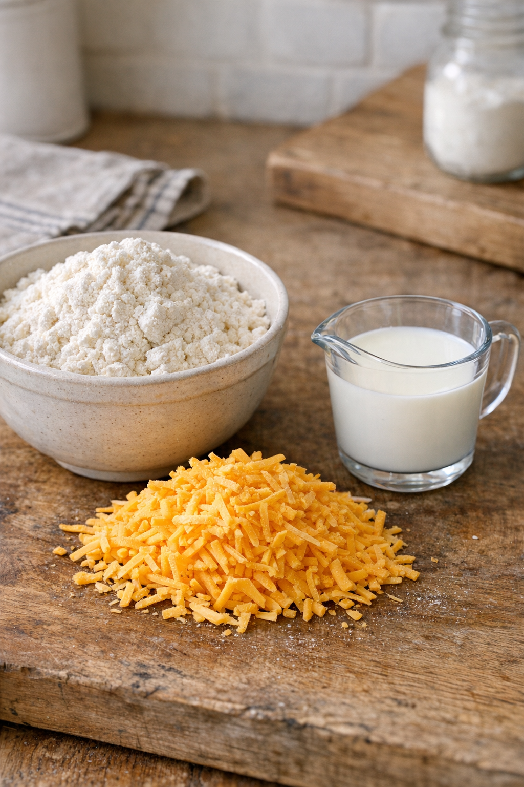 Measured biscuit mix, shredded cheddar, and milk on a kitchen counter