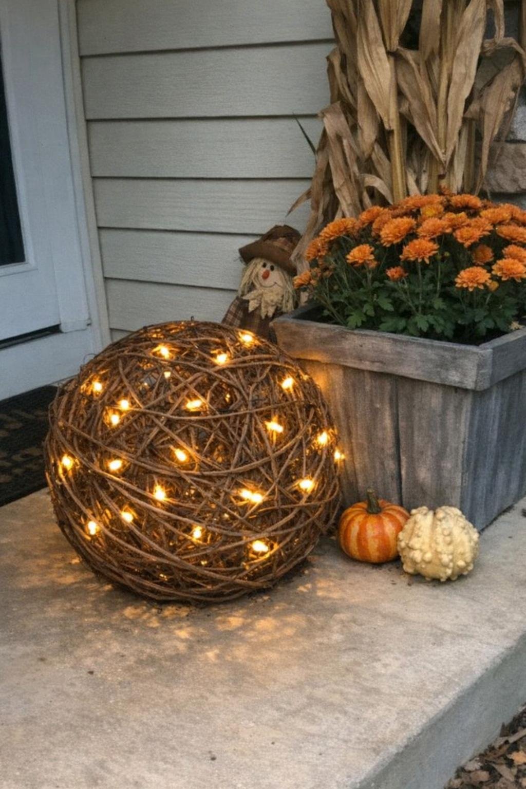 A grapevine ball woven with glowing string lights on a porch