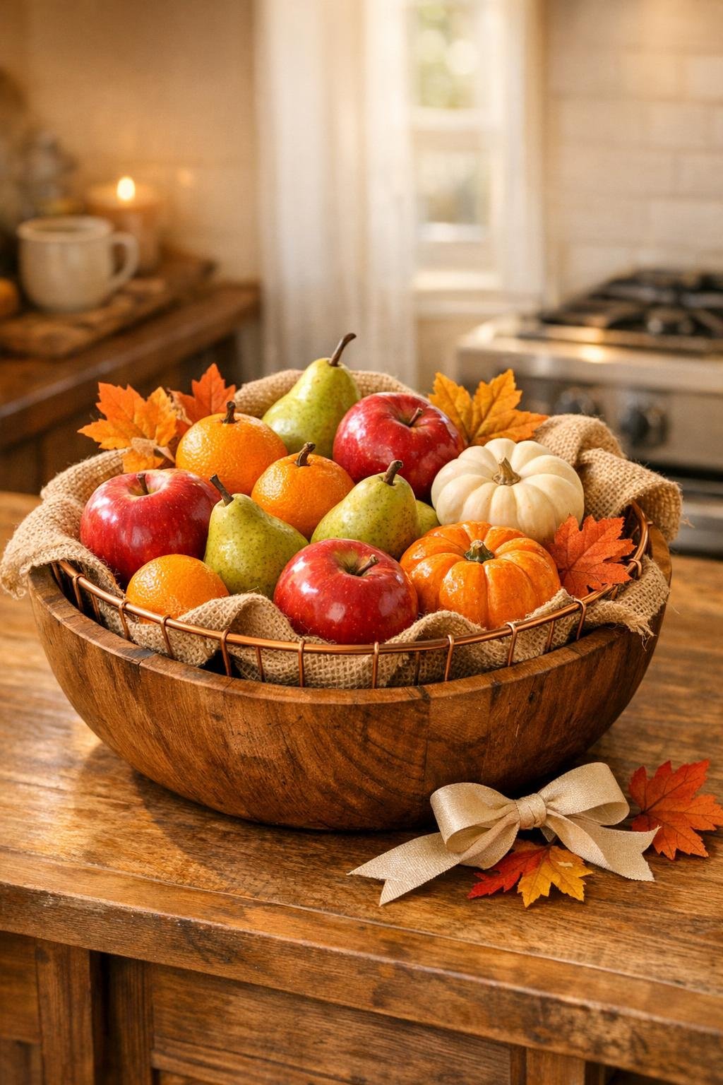 Finished fall fruit bowl made from a copper wire basket in a wooden salad bowl lined with burlap