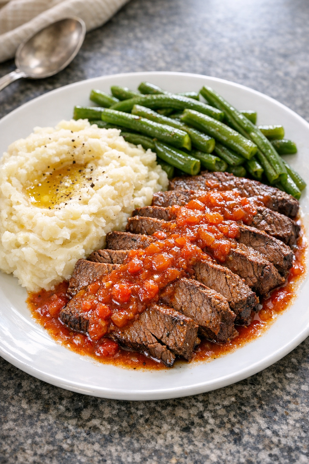 Finished Amish-style tomato juice beef plated with sauce