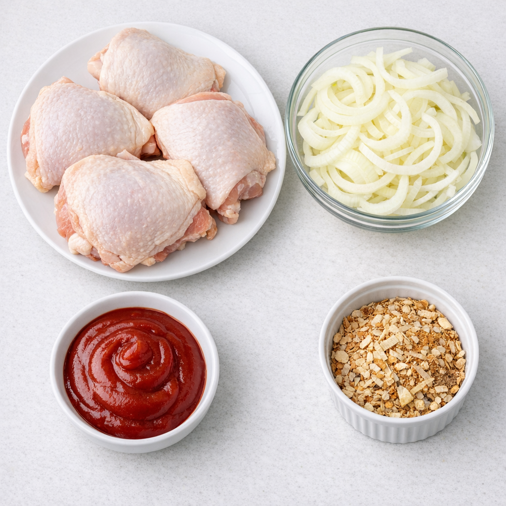 Chicken thighs, sliced onion, ketchup, and onion soup mix arranged for cooking