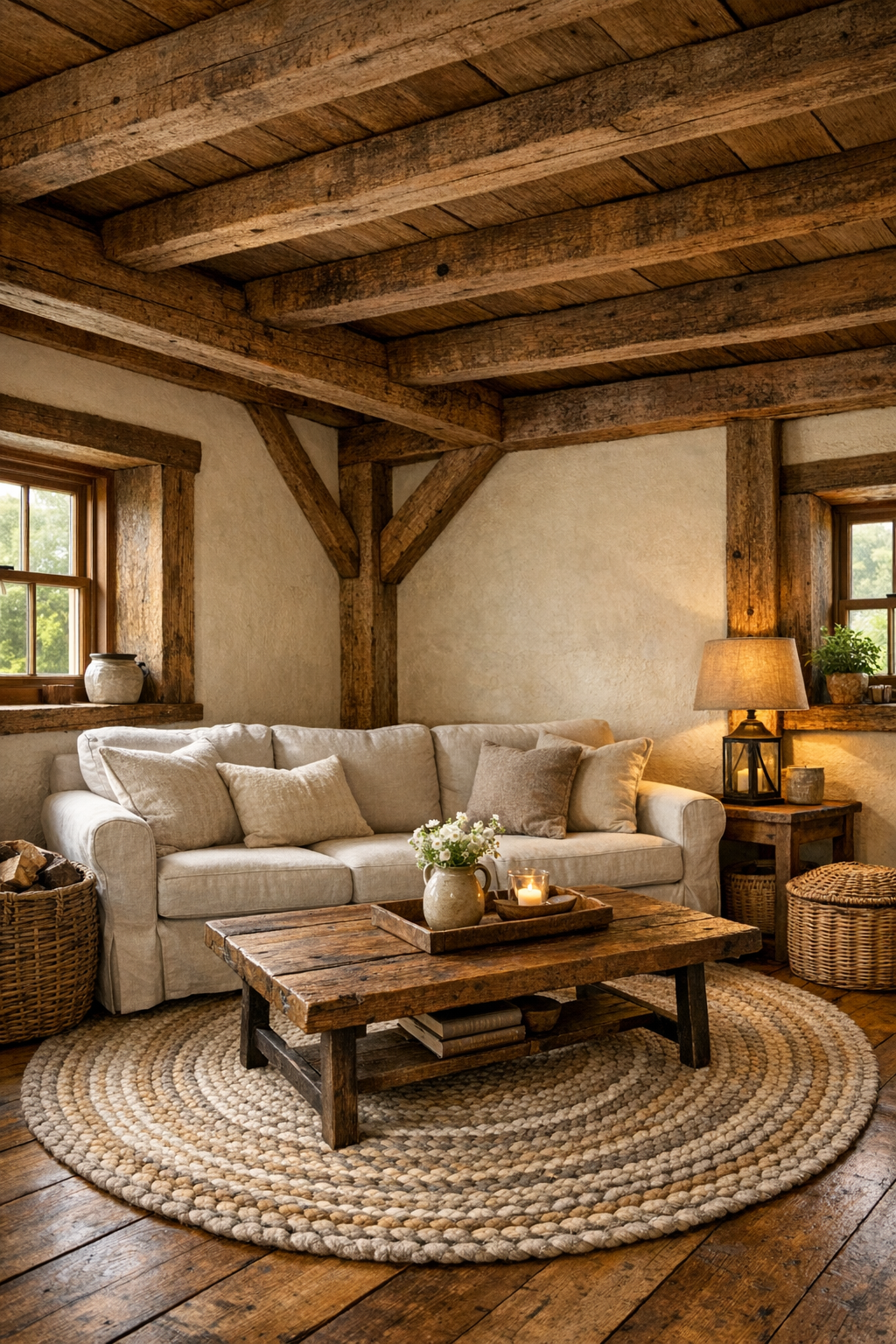 Cozy barn-style living room with exposed wood beams and linen-toned furnishings