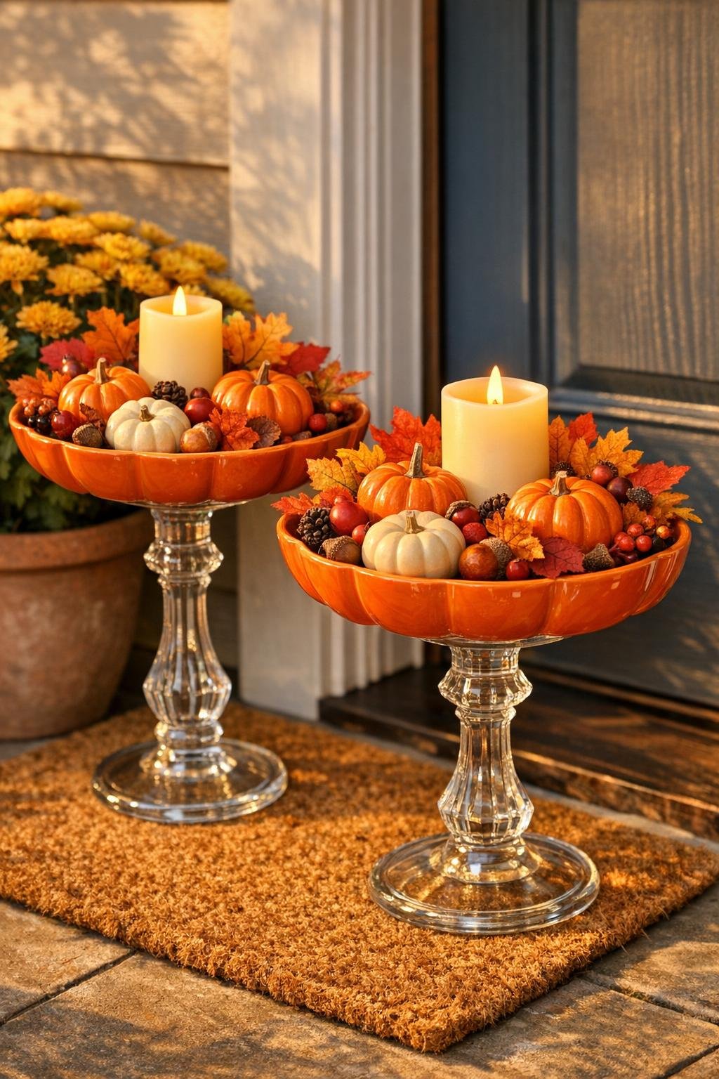 Finished ceramic pumpkin pedestal trays styled by a front door for fall
