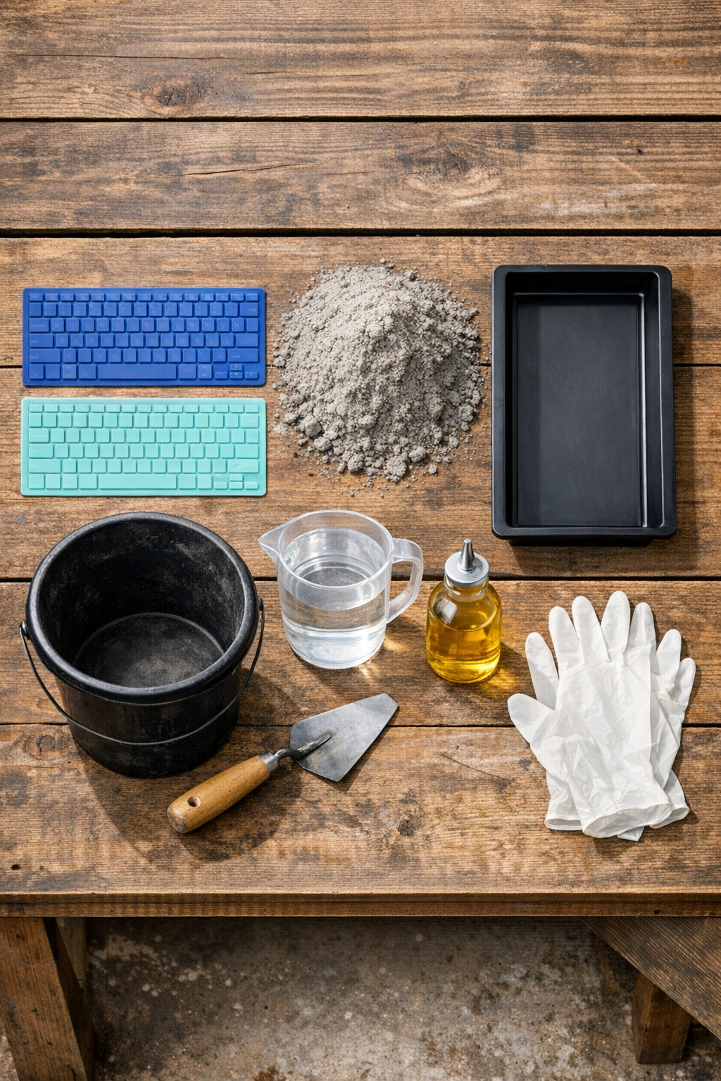 Materials for making cement yard tiles laid out on a worktable