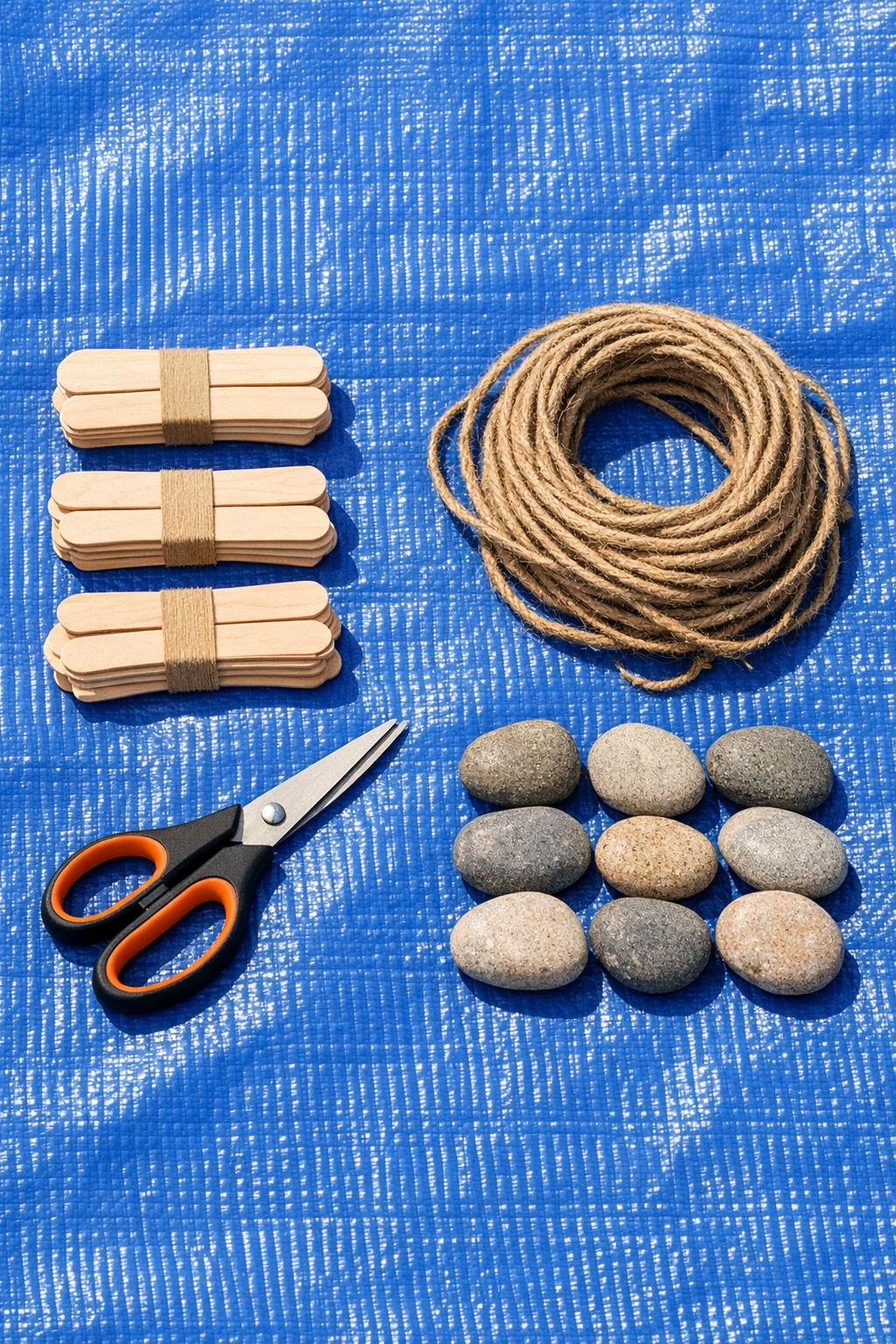 Materials for popsicle stick row cover weights laid out on a blue tarp