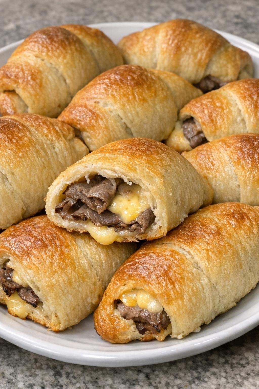 Golden brown crescent dough pockets with roast beef and pub cheese on a white platter