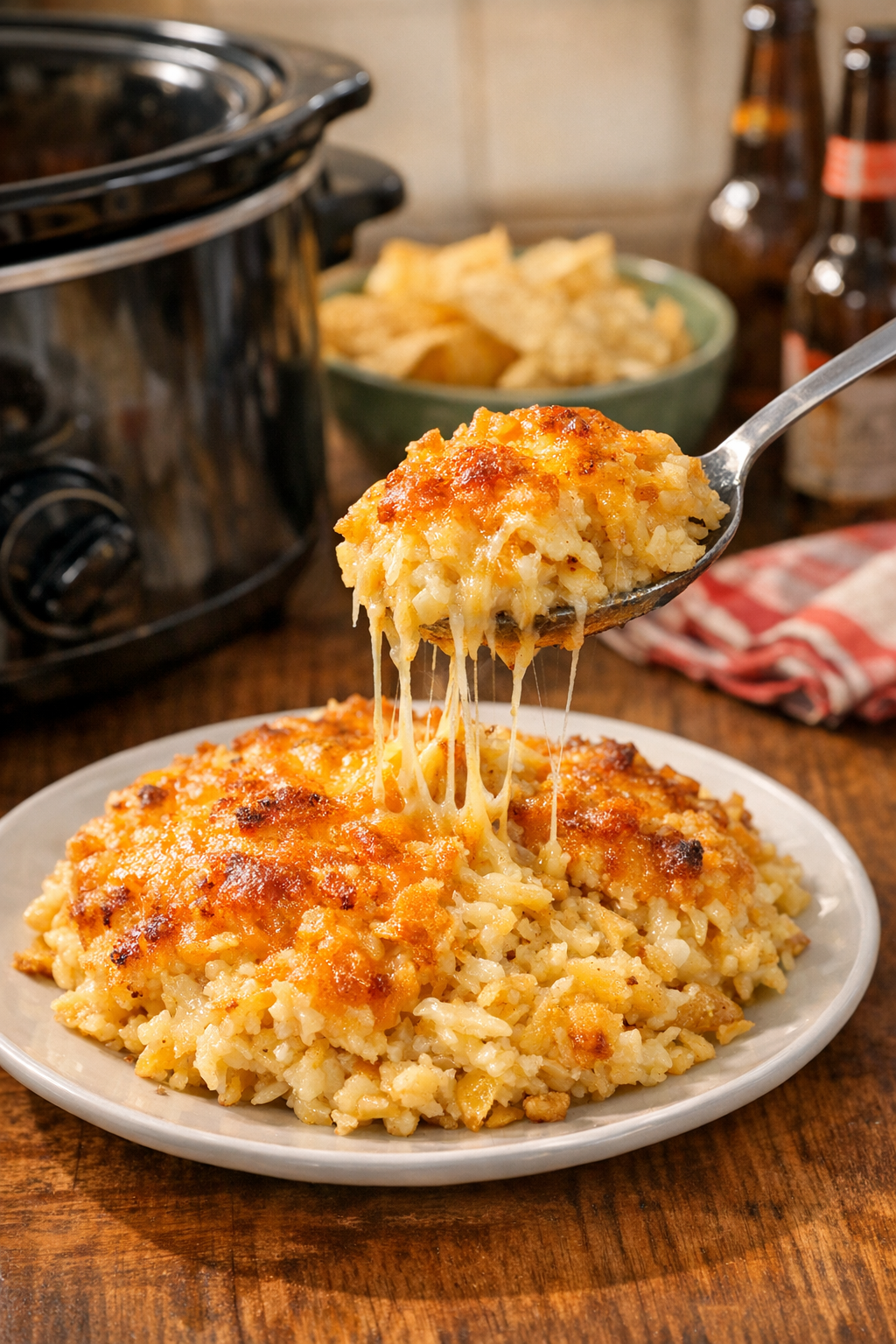 Finished cheesy hash brown casserole plated from a black slow cooker