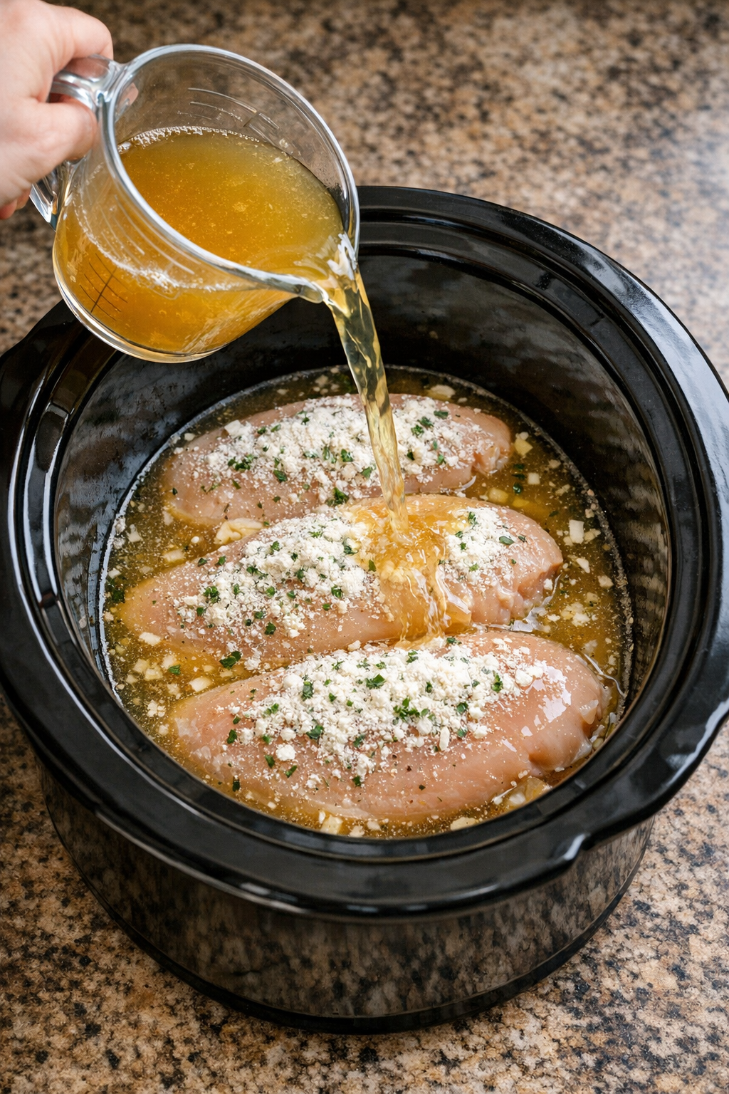 Chicken breasts in slow cooker with broth and seasoning
