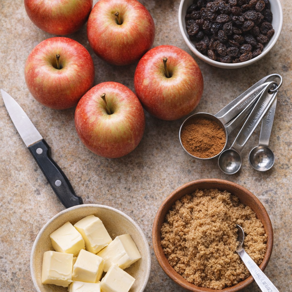 Apples and filling ingredients on a farmhouse counter