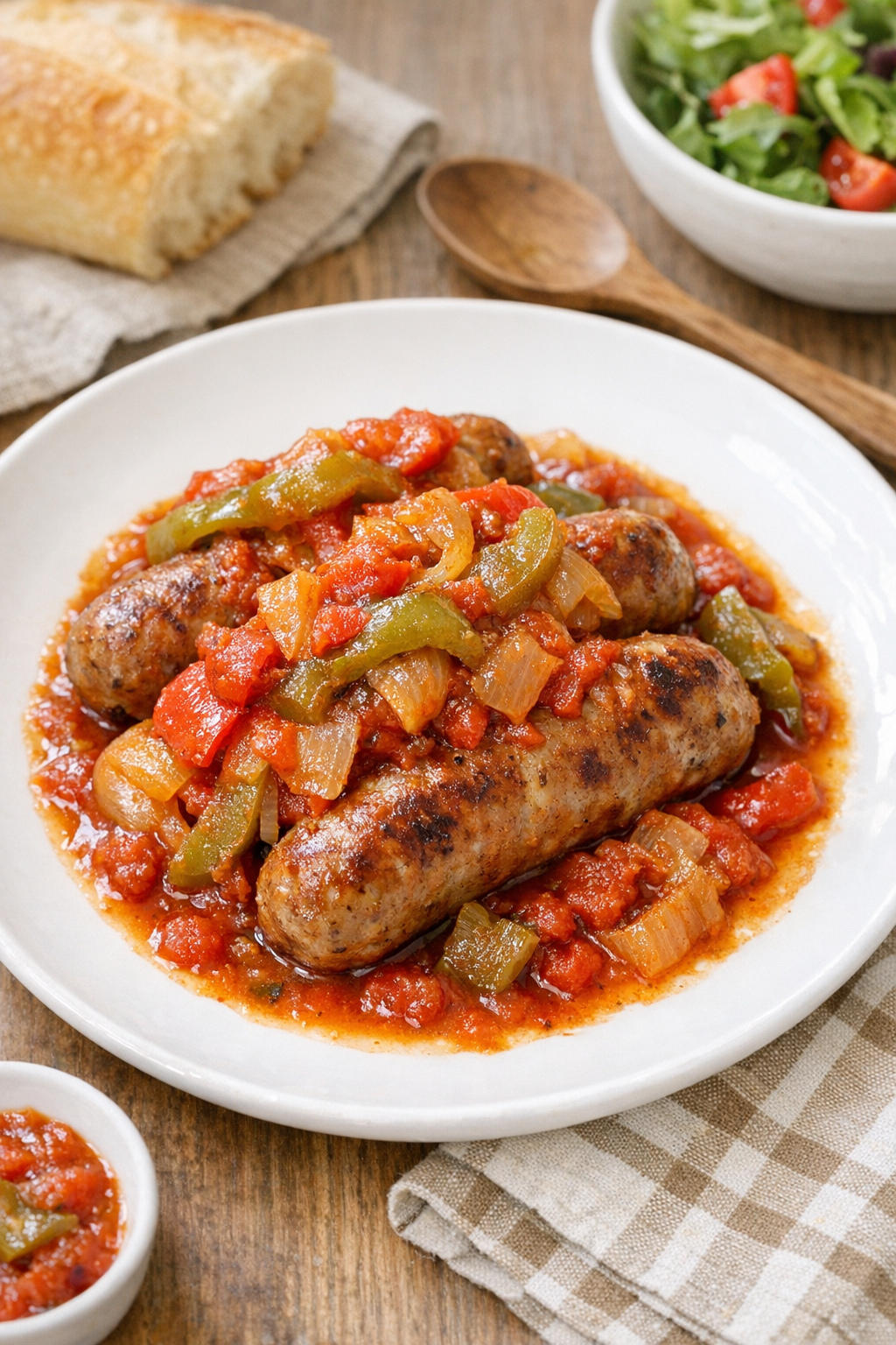 Finished slow cooker Italian sausage plated with peppers and sauce