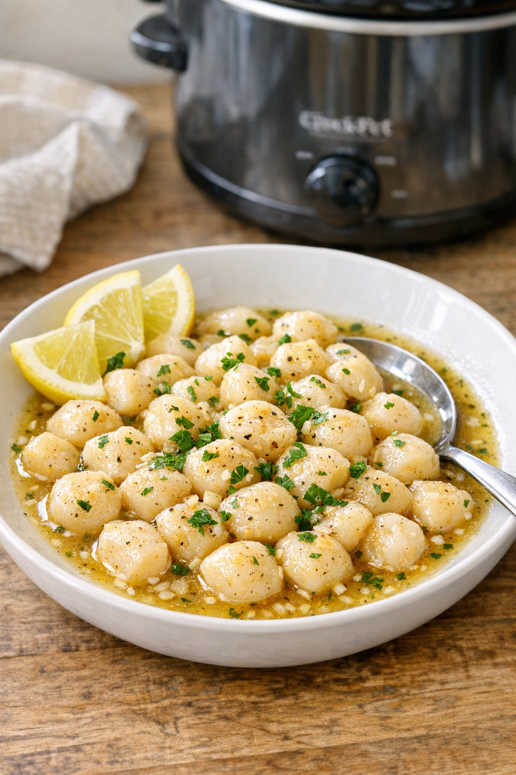 Finished bay scallops in buttery sauce