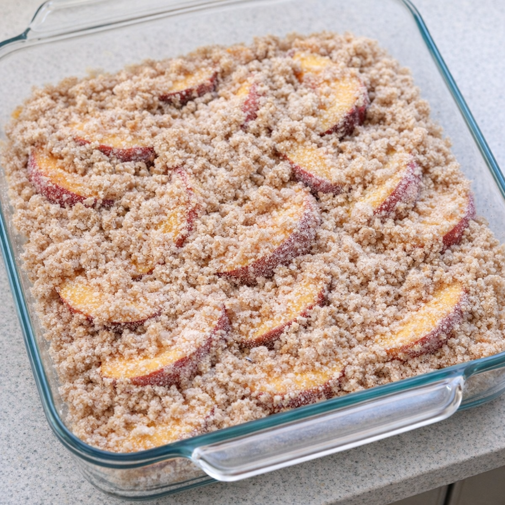 Ubakt ferskendessert med smuletopping i glassfat