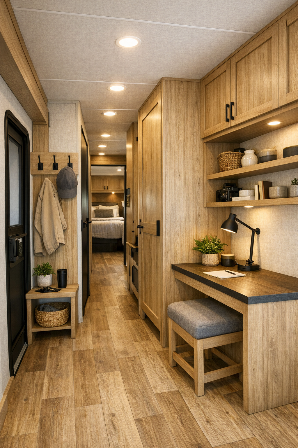 RV corridor and multifunctional nook with custom storage and compact workspace
