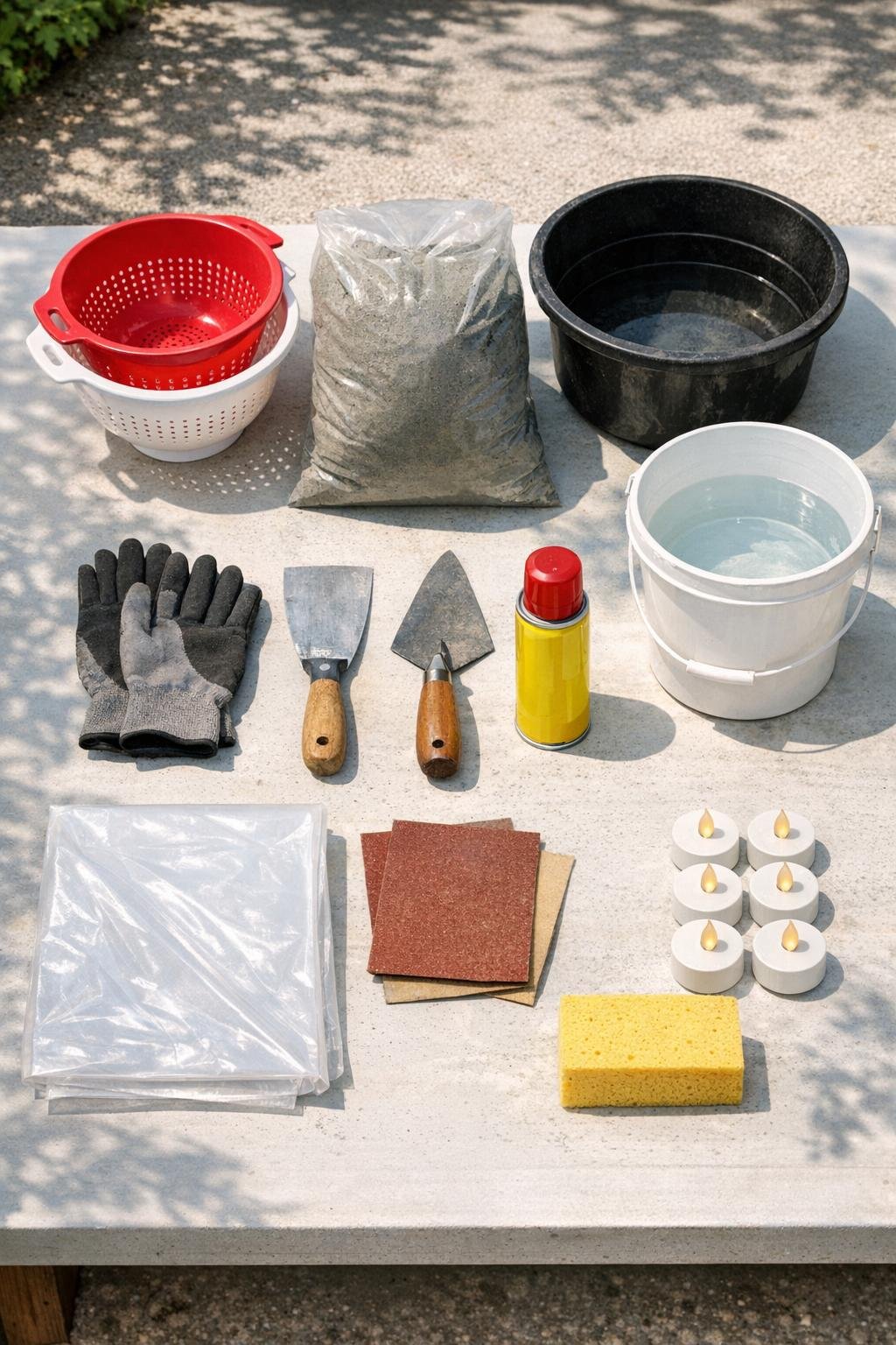 Materials for making cement garden luminaries laid out on a work surface