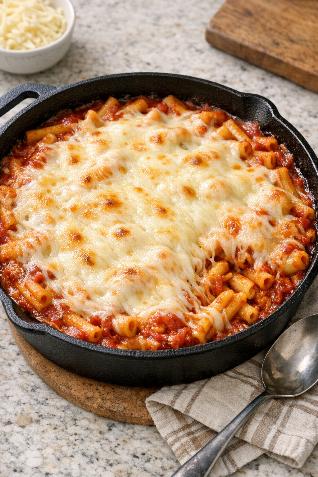 Finished baked provolone casarecce pasta in cast iron pan