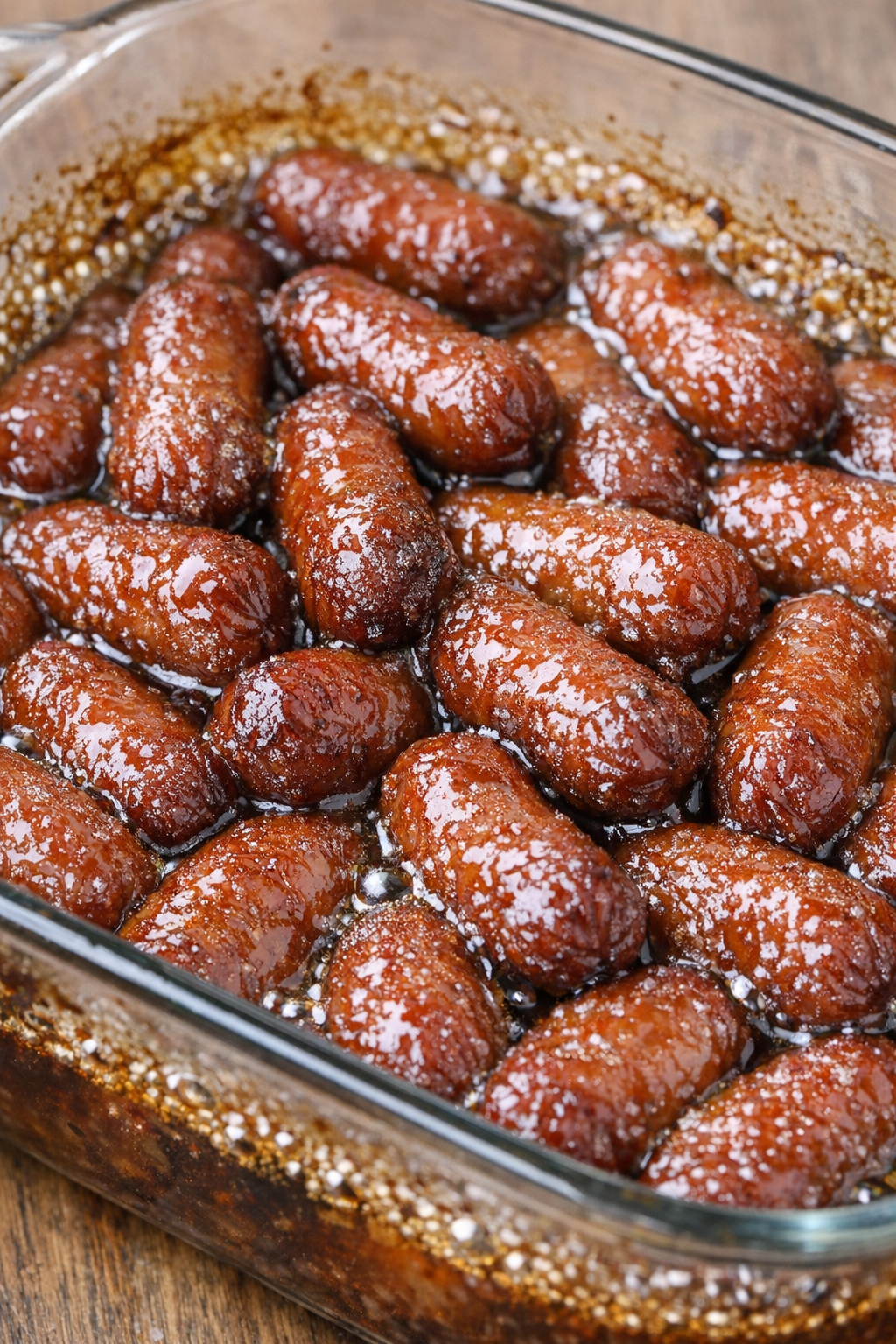 Southern 3-ingredient brown sugar smokies in a glass casserole dish