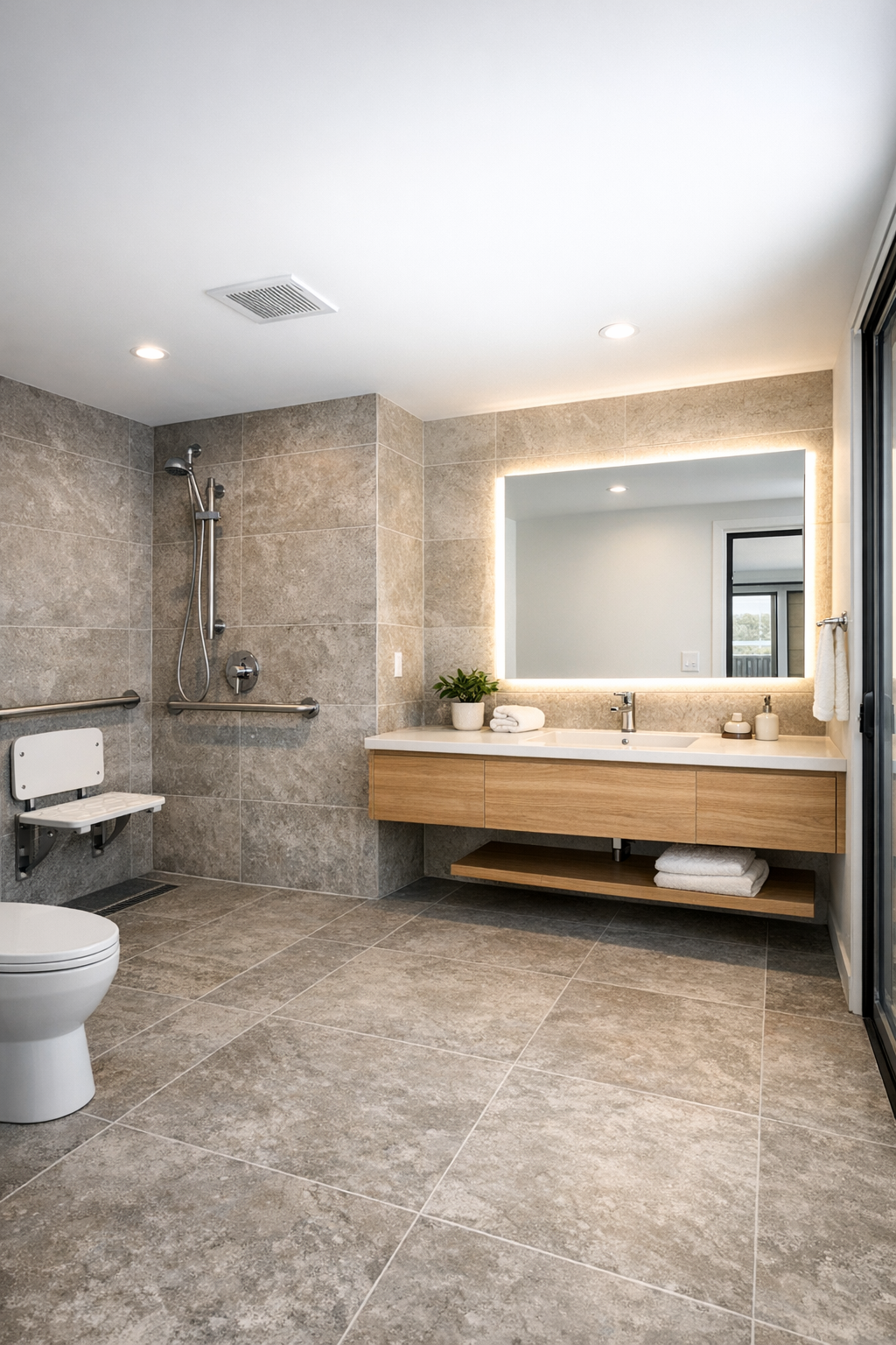 Accessible bathroom with curbless shower, floating wood vanity, and soft stone tile